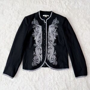 VTG Peter Nygard Woman Black Wool Embroidered Blazer Jacket US8 Classic Luxury